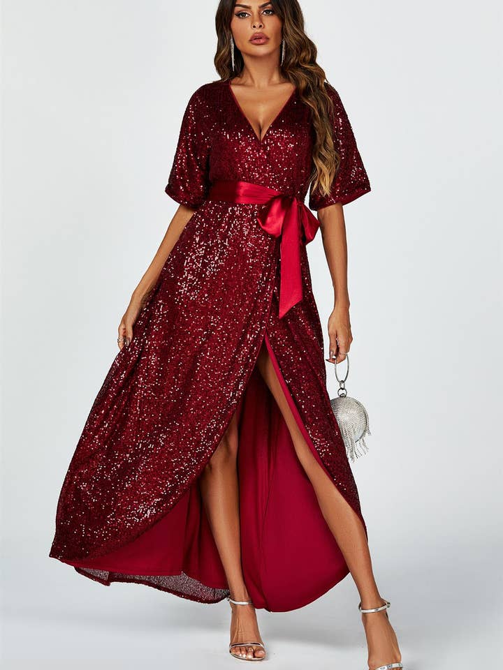 Wrap Style Sequin Maxi Dress In Wine for wholesale on Faire5