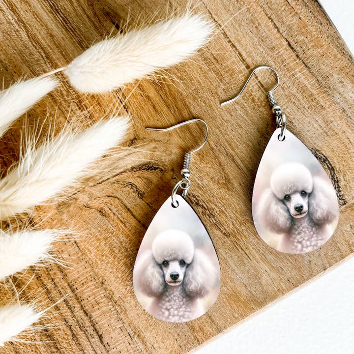 POODLE dog print dangle teardrop earrings for wholesale by Eartherella Soap & Candle Co., LLC