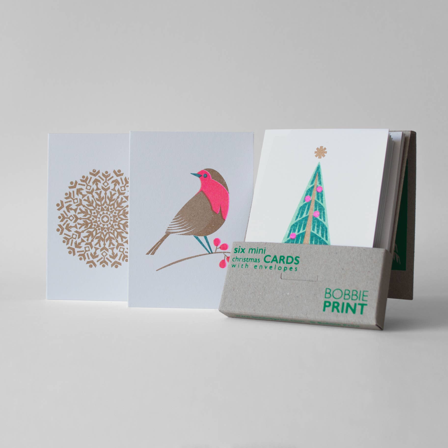 Bobbie Print – wholesale Christmas card – Boxed Set of 6 Mini Risograph Printed Christmas Cards Green3