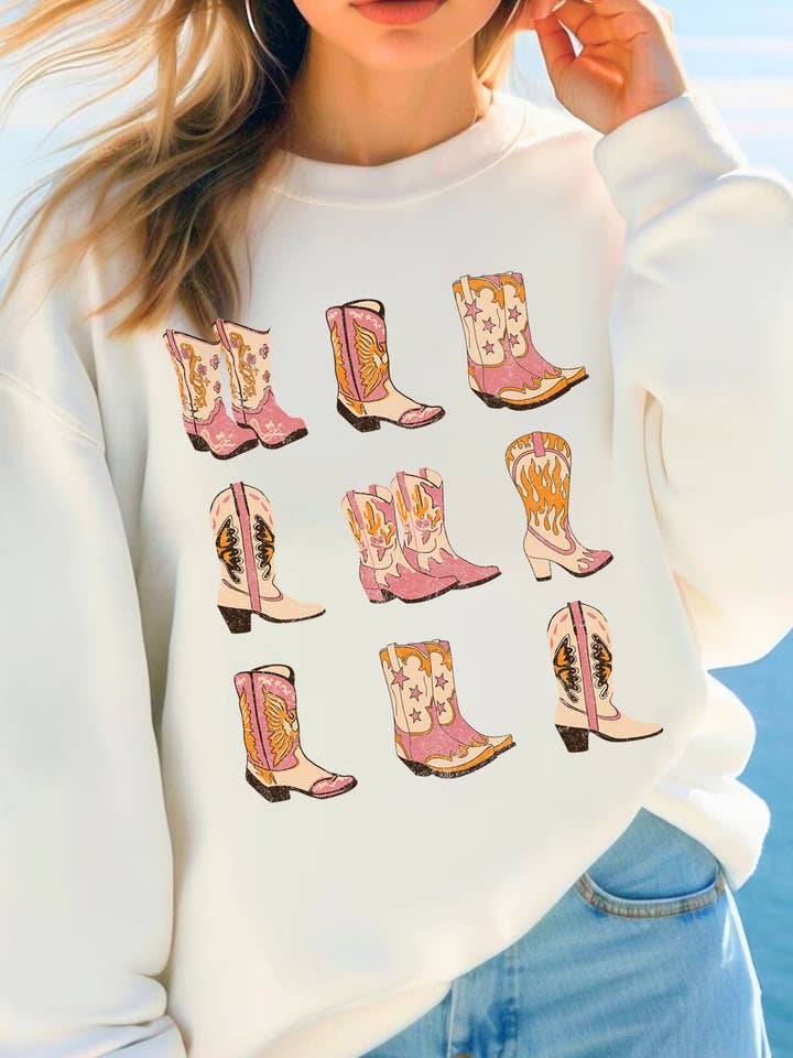 WESTERN COWGIRL BOOTS GRAPHIC BRUSHED SWEATSHIRTS for wholesale by Rustee Clothing
