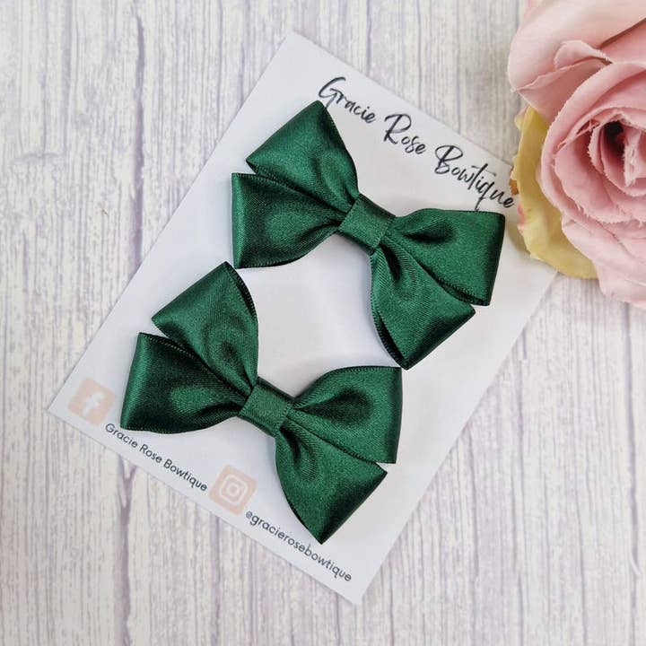 Forest green satin hair bows set of 2 for pigtails for wholesale by Gracie Rose Bowtique
