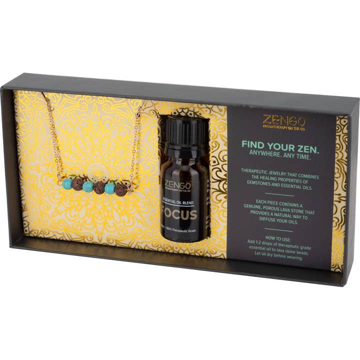 Turquoise + Brown Lava Bead Necklace & Oil (Focus) Set for wholesale by BOPS WHOLESALE