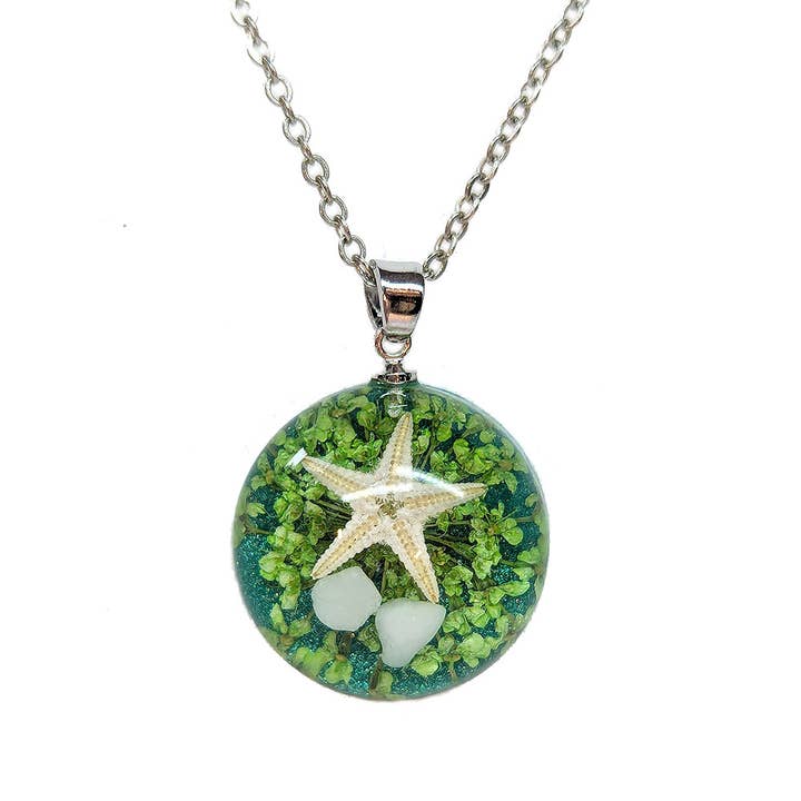 Round Ocean Scene Real Starfish Green Resin Silver Necklace for wholesale by Stylish Jewelry Supply