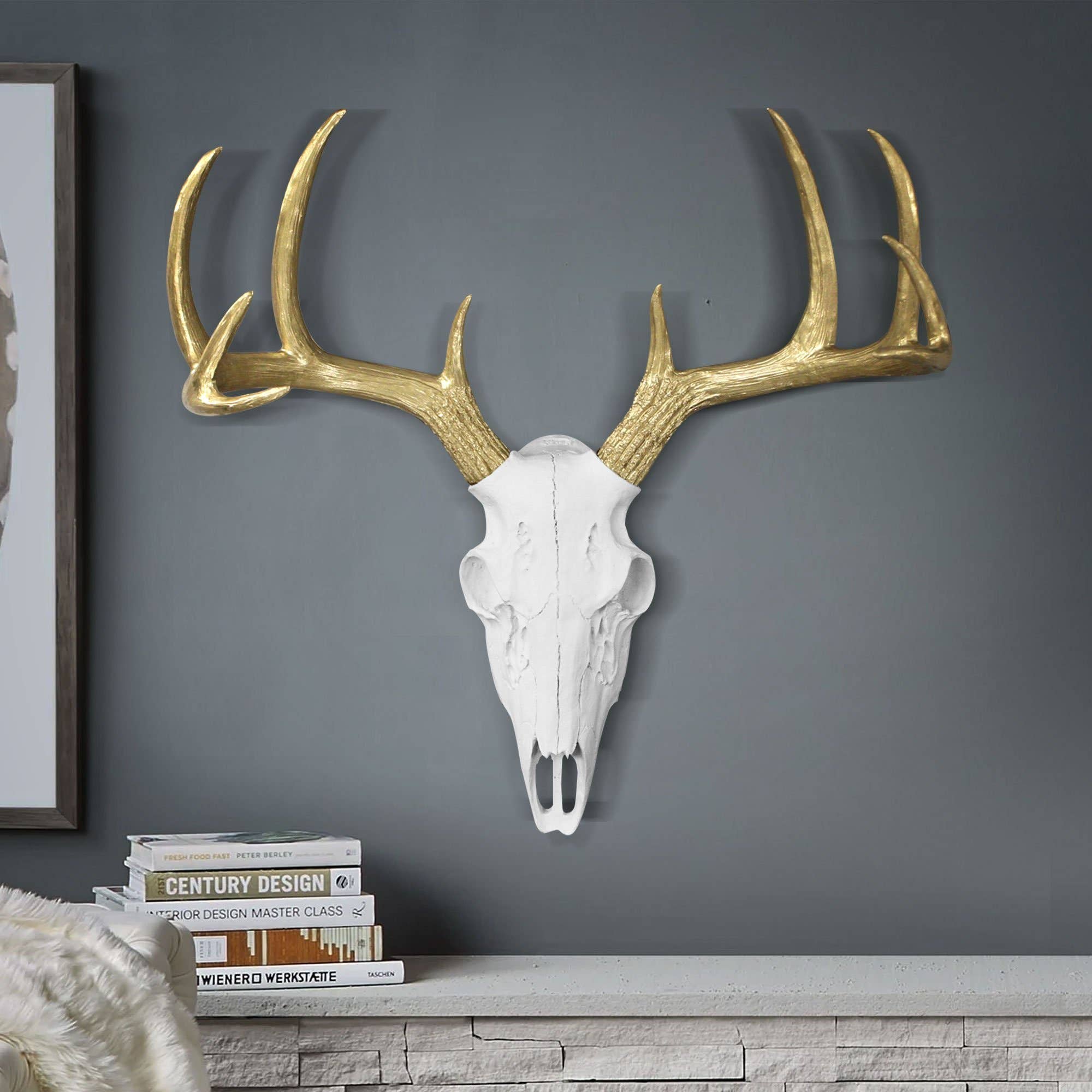 Wall Charmers - Wholesale Wall Accent - Large White + Gold Antlers Deer Head Skull Faux Taxidermy1