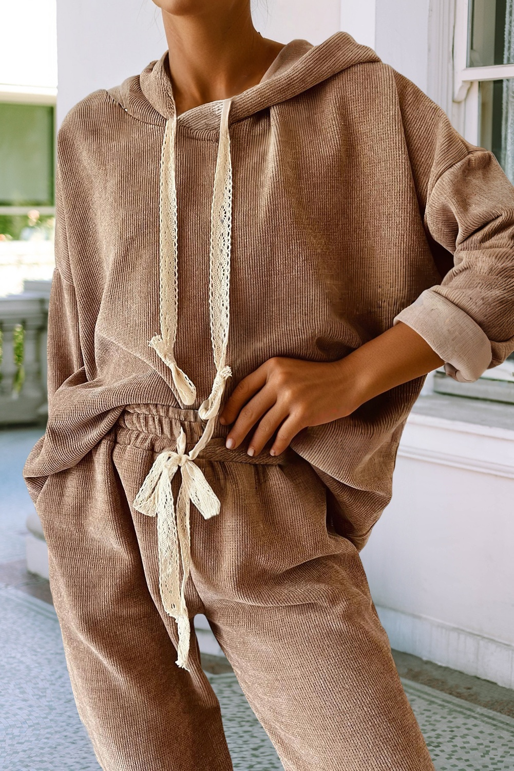 Little Daisy Closet - Wholesale Lounge Set - Women's -  LDC Lace Drawstring Pullover Hoodie and Pants Corduroy Suit3