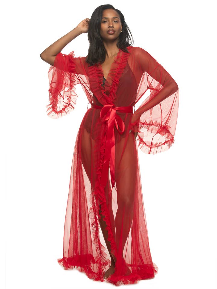 Veil Tulle Ruffle Peignoir Robe - Tango Red for wholesale by Felina