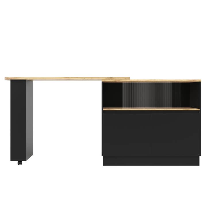 Urban Meuble - Wholesale Sideboard - Wood-effect and black bar table with 360° swivel storage and corrugated glass TINPLATE