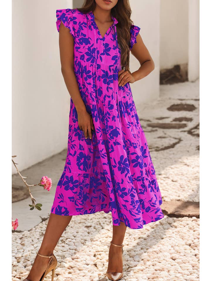 Little Daisy Closet - Wholesale Dress - Women's - LDC Floral Print Tiered Frilled Trim Flutter Sleeve Dress