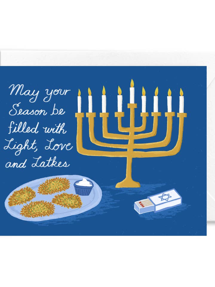 Carte de vœux Light, Love, and Latkes Hanukkah pour la vente par Courtney Beyer Design