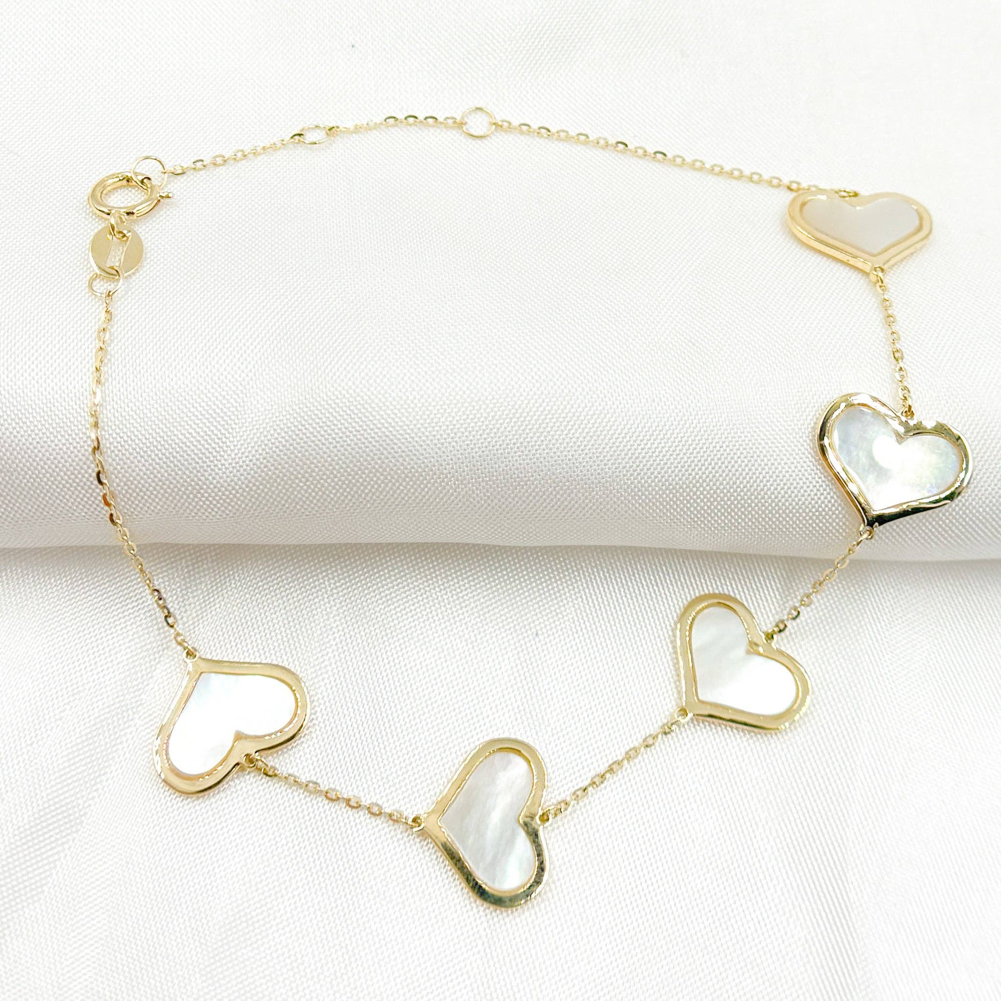 Yellow BR402583. 14K Solid Gold Mother of Pearl Heart Bracelet for wholesale on Faire0