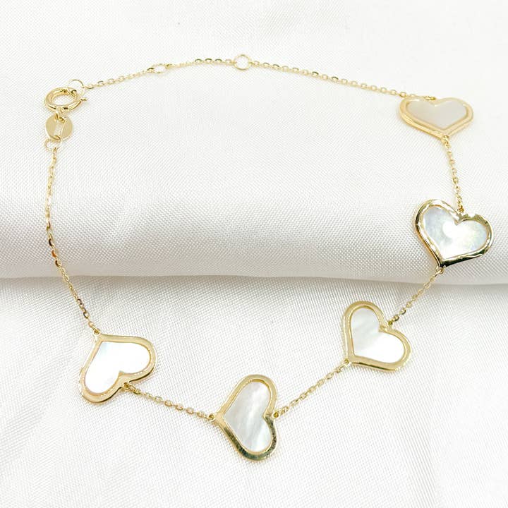 Yellow BR402583. 14K Solid Gold Mother of Pearl Heart Bracelet for wholesale on Faire
