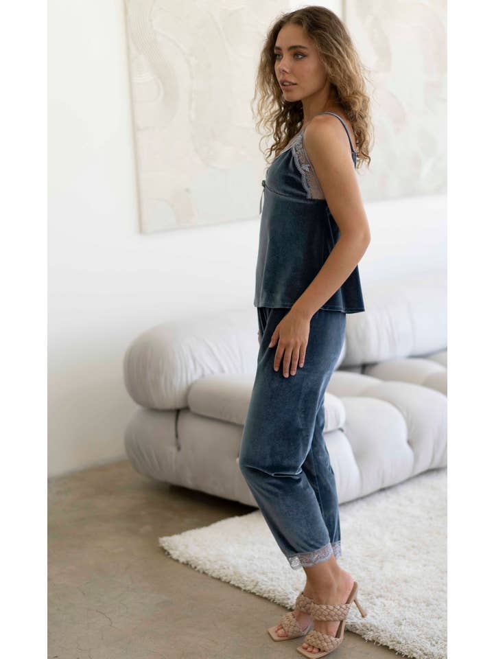 KAYAN.L – Conjunto de pijama - Mulher por atacado – Conjunto de pijama sonhador de veludo azul-cinza11