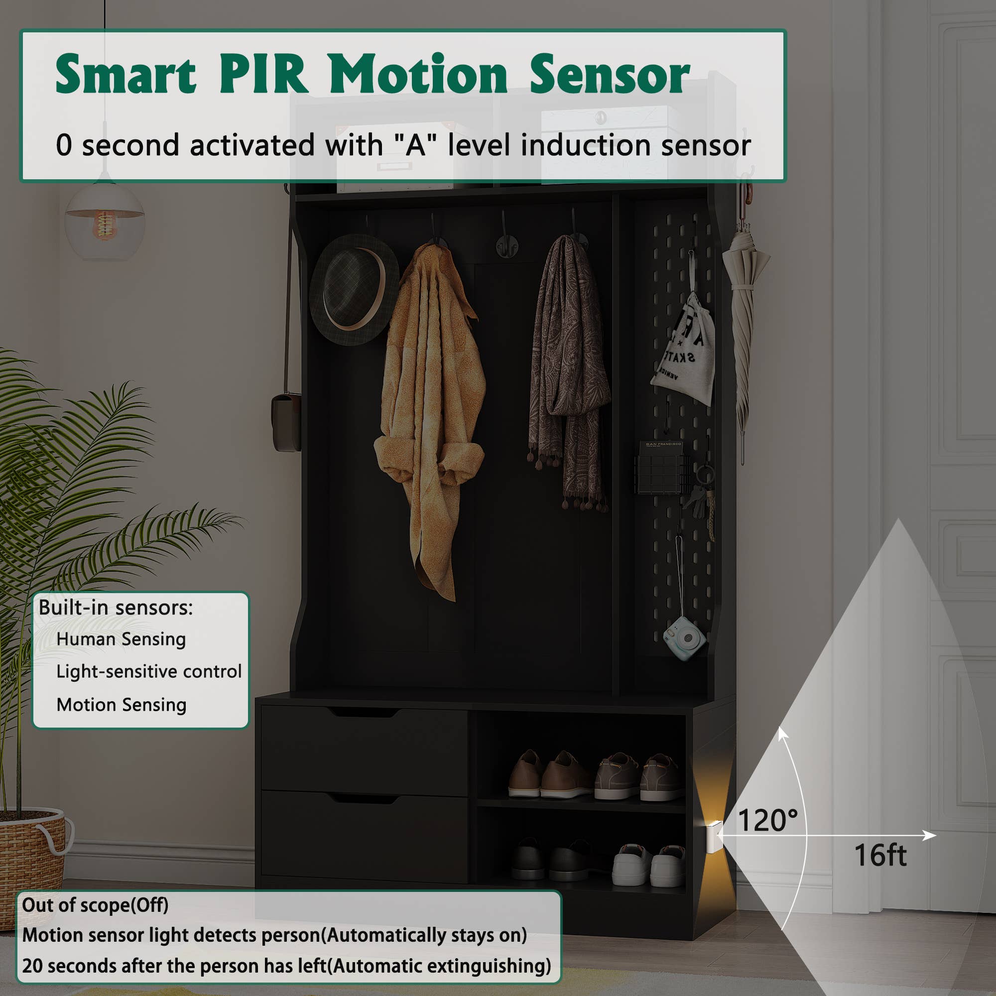 39F Inc. - Vente Étagères à chaussures - Portemanteau avec 6 crochets, banc d'entrée, noir/marron18