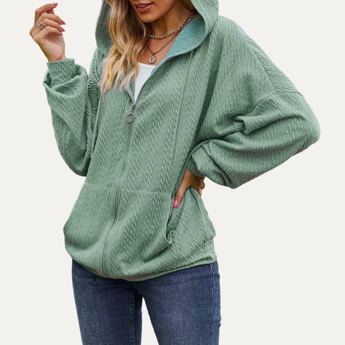 The Moment Collection - Wholesale Jacket - Women's - Leisure Days Textured Oversize Zip-Up Hooded Jacket1