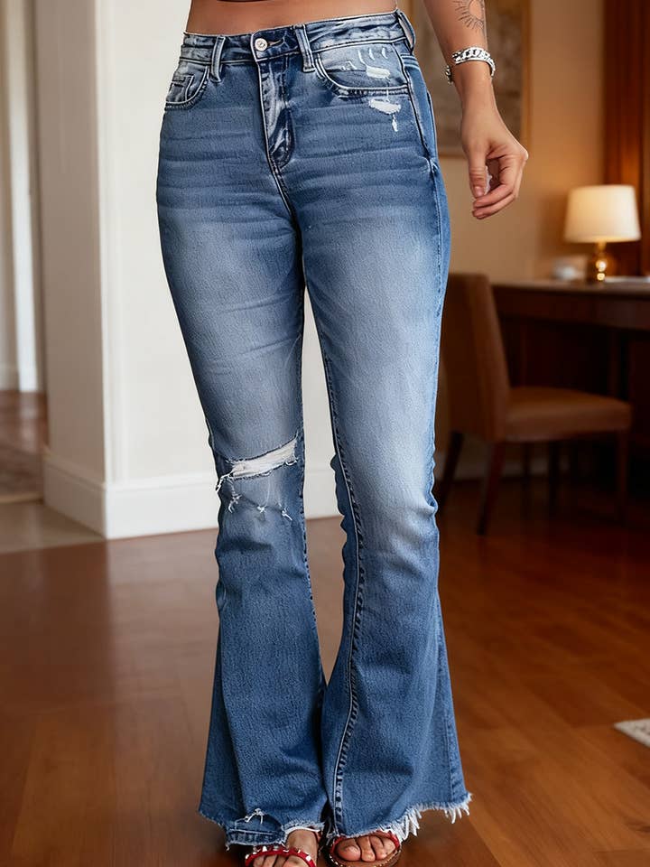 Lily Clothing - Wholesale Jeans - Women's - Ripped high-waisted retro stretch flared jeans0