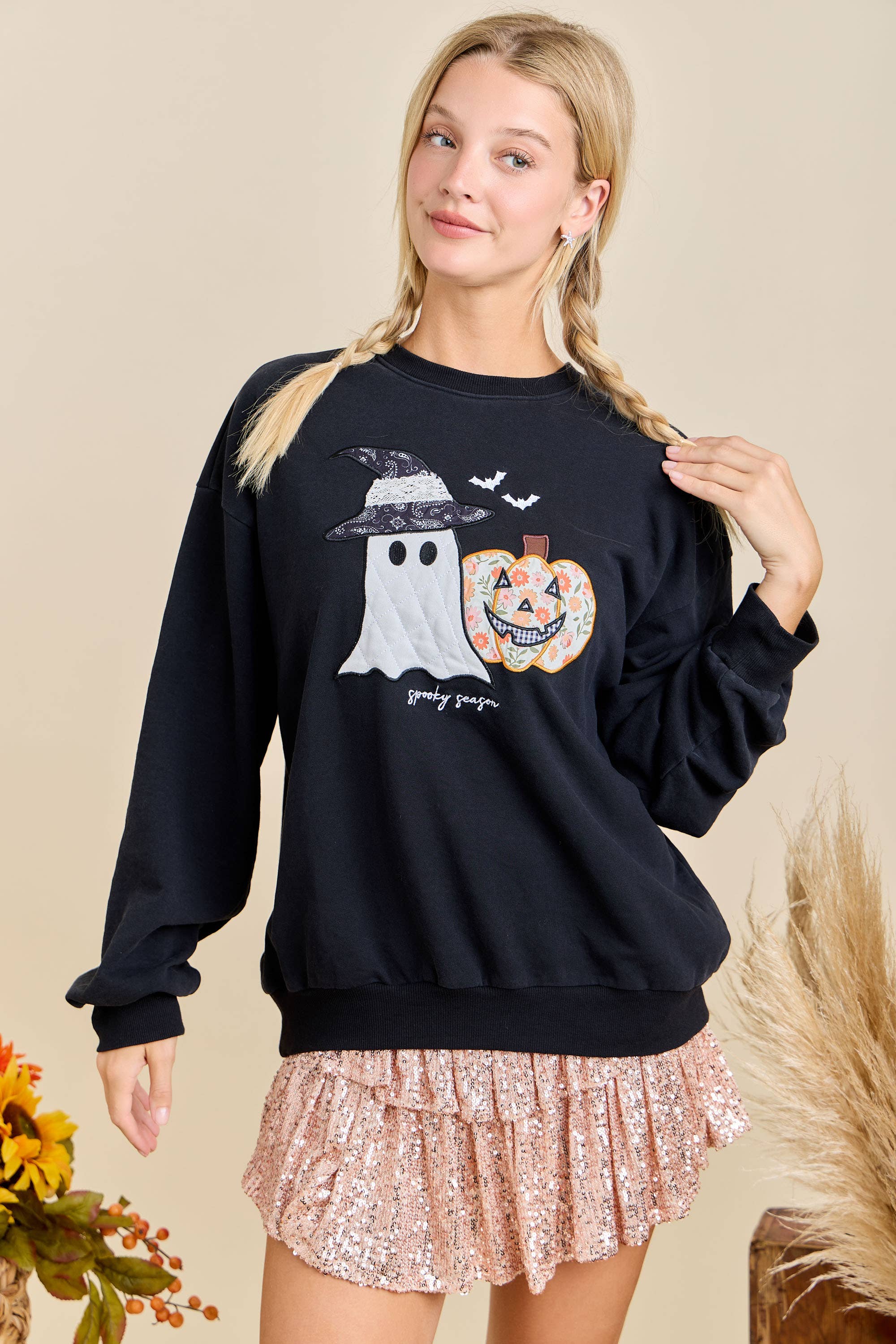 BLACK Halloween Patchwork Long Sleeve Crewneck With Mineral Wash	 for wholesale on Faire7