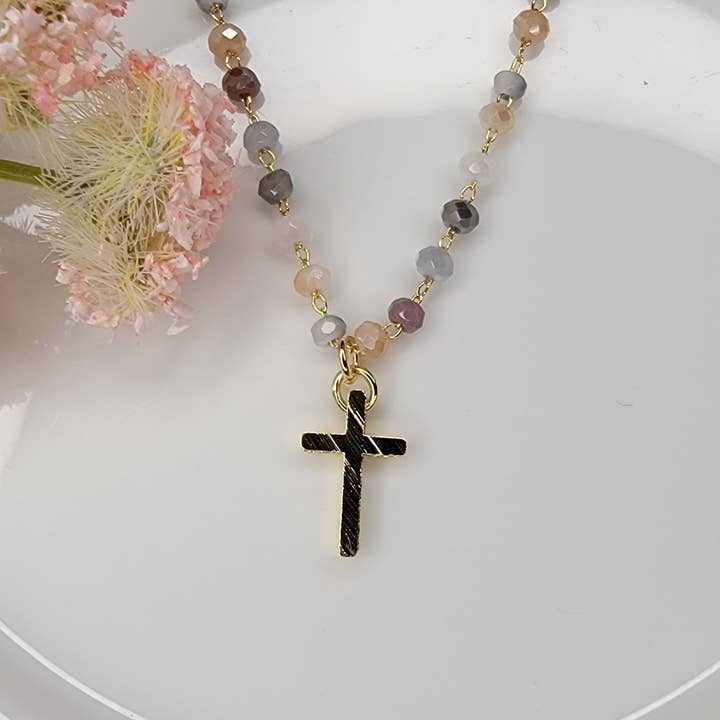 Gold Cross/Stone With Multi Color Crystal Beads Necklace for wholesale by BETTYOH INC