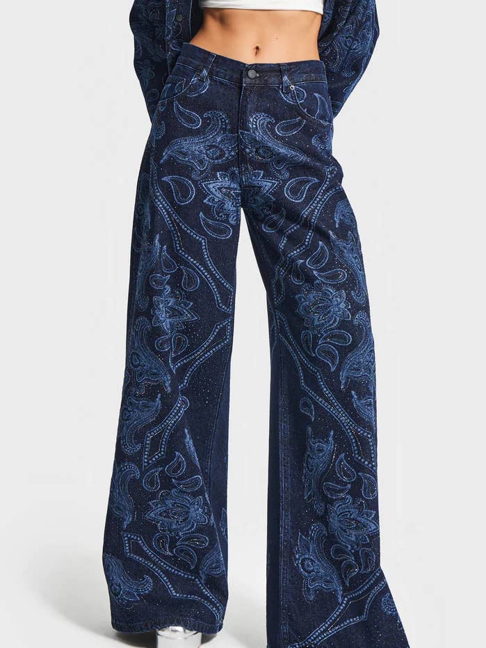 Retro Paisley Strass Palazzo-Jeans für Damen – Dunkelblau für den Großhandel von DesignofBoho