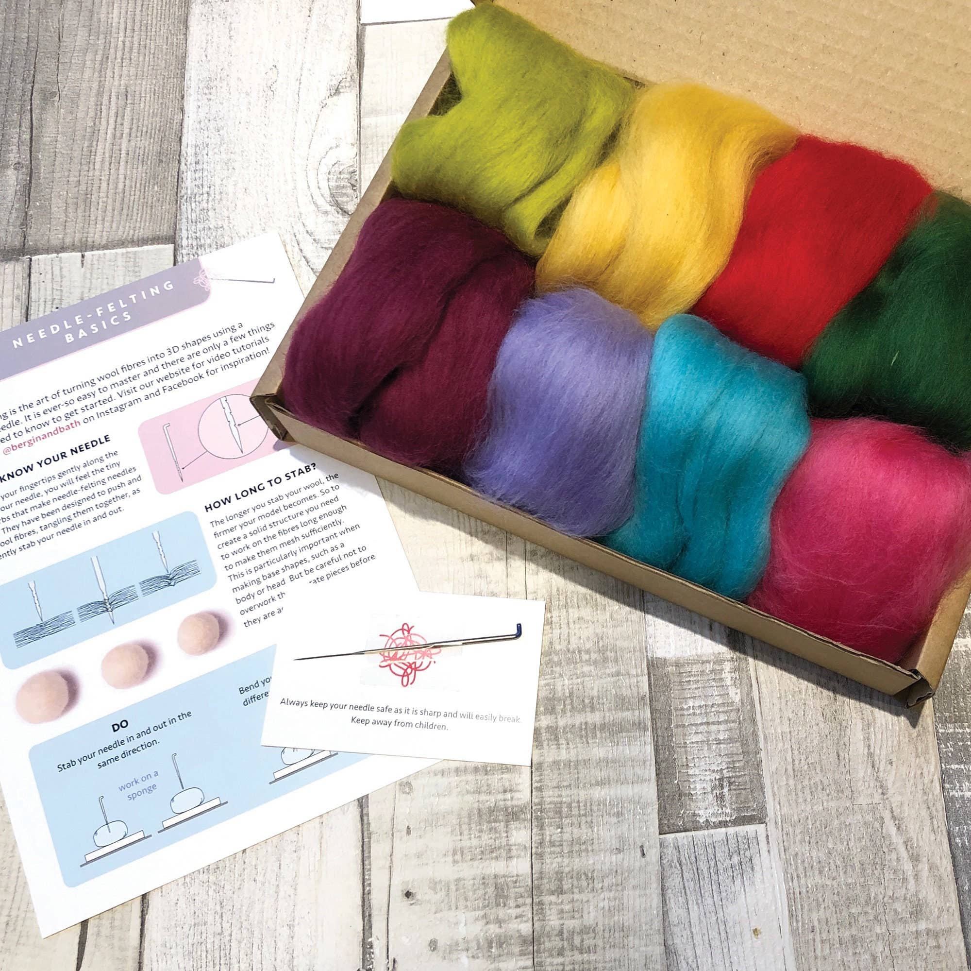 Bergin & Bath – wholesale Craft sewing kit – Needle felting starter kit - Brights. Wool roving supplies3