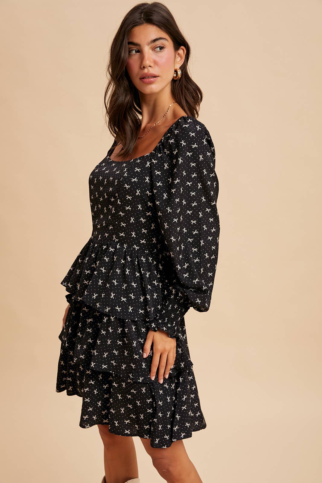 BLACK LONG SLEEVE TIERED MINI DRESS for wholesale on Faire3