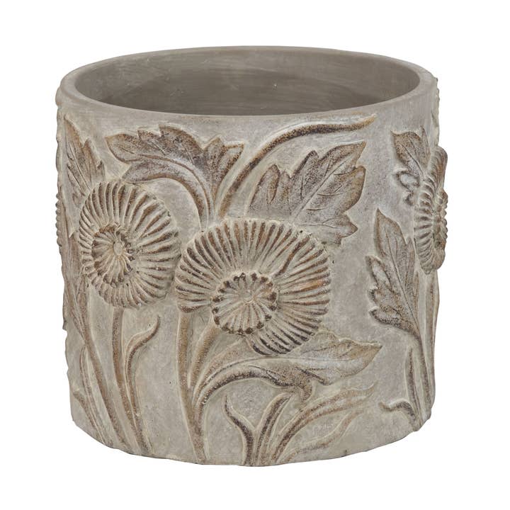 A18601: Cement pot cover, floral designs, ant wash, 7.5 in for wholesale by Silver Tree Home & Holiday