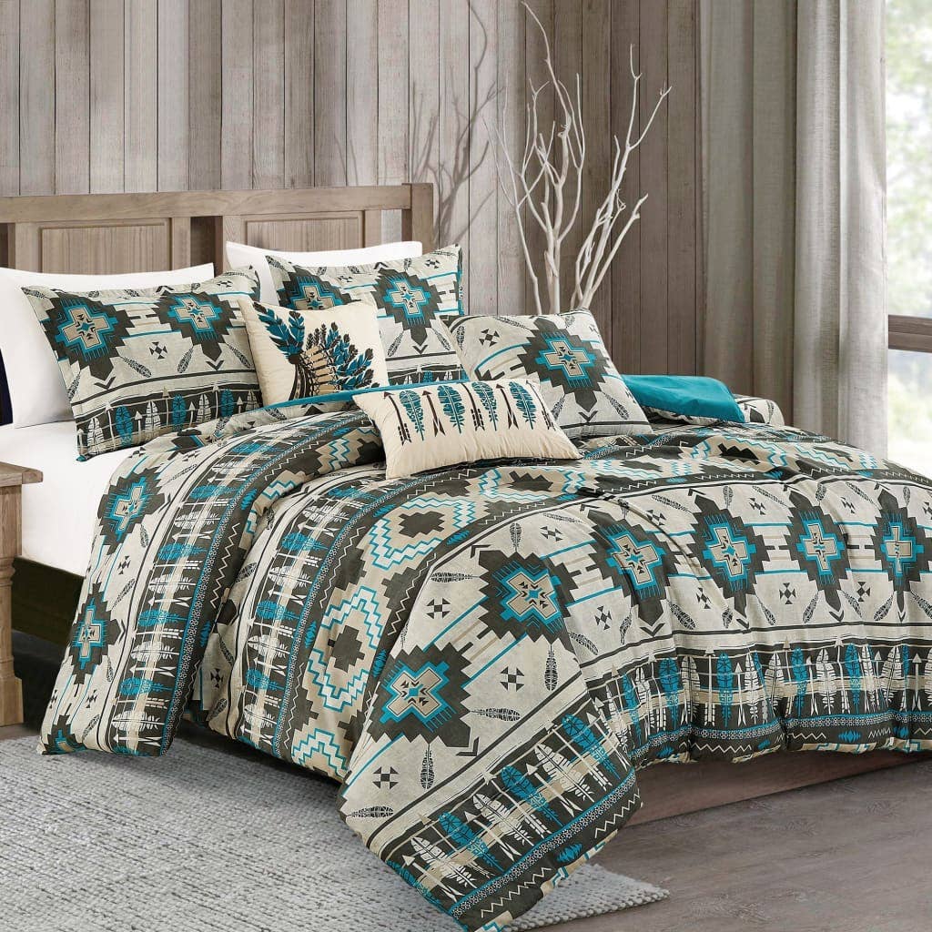 Linen Mart - Wholesale Bedding Set - Southwestern Tan Navajo Turquoise Feather Aztec Comforter - 6 Piece Set0