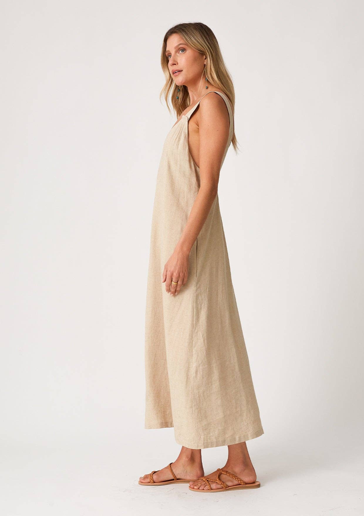 Wheat Linen Blend Sleeveless V Neck Midi Dress for wholesale on Faire1