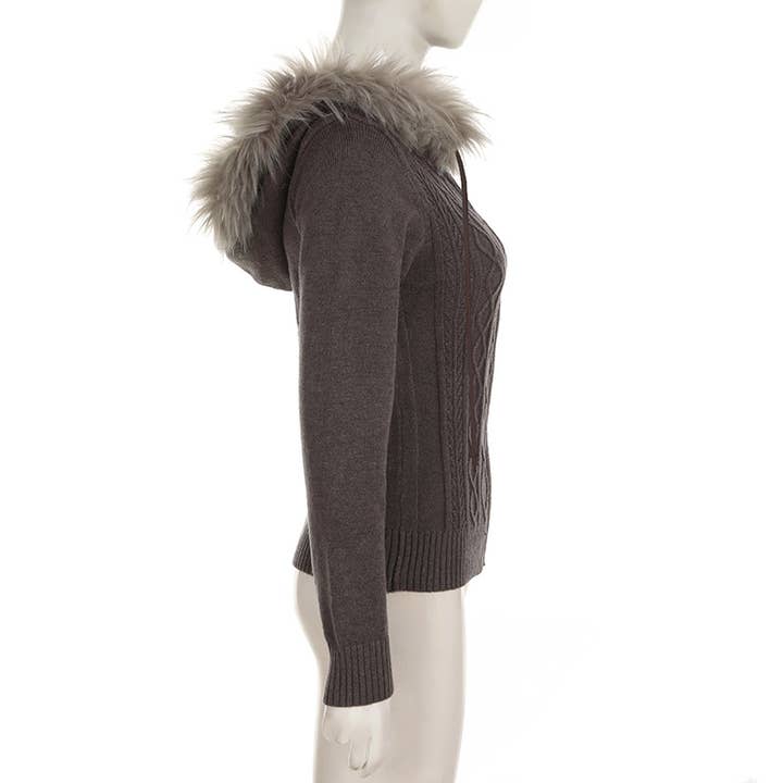 BROWN VINTAGE TWIST ZIPPER FUR HOODED CARDIGAN COAT for wholesale on Faire