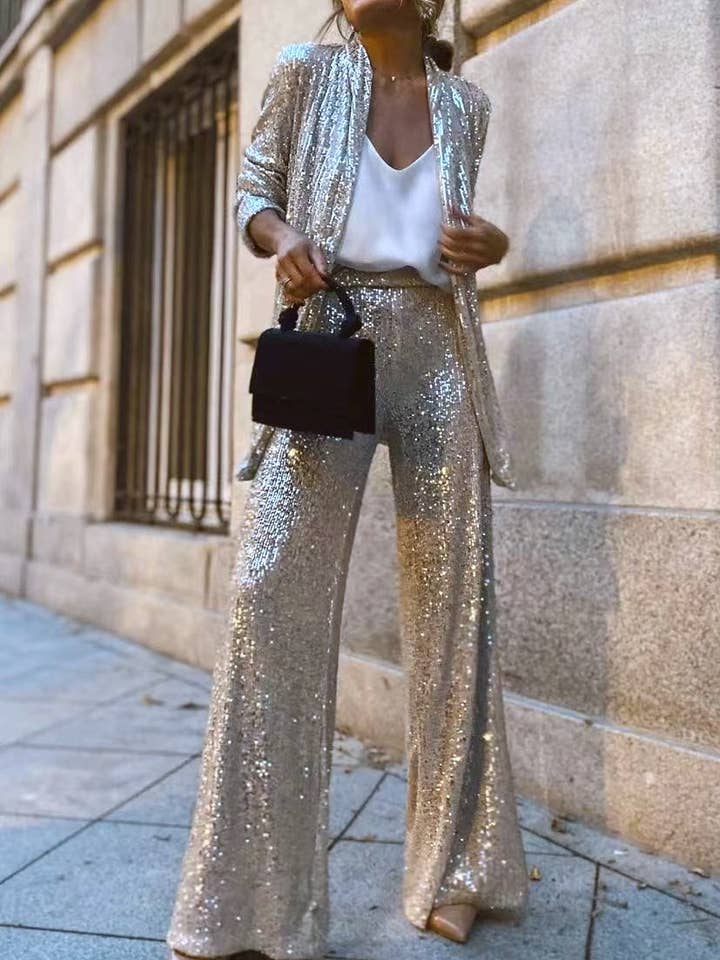 Party Sequin Blazer Elastic Waist Pants Set and other Purchase Wholesale sequin. Free Returns & Net 60 Terms on Faire trending on Faire.
