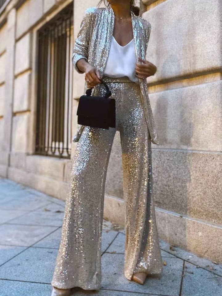 Rosa Clothing - Wholesale Top & Pant Set (NOT Loungewear) - Women's - Party Sequin Blazer Elastic Waist Pants Set