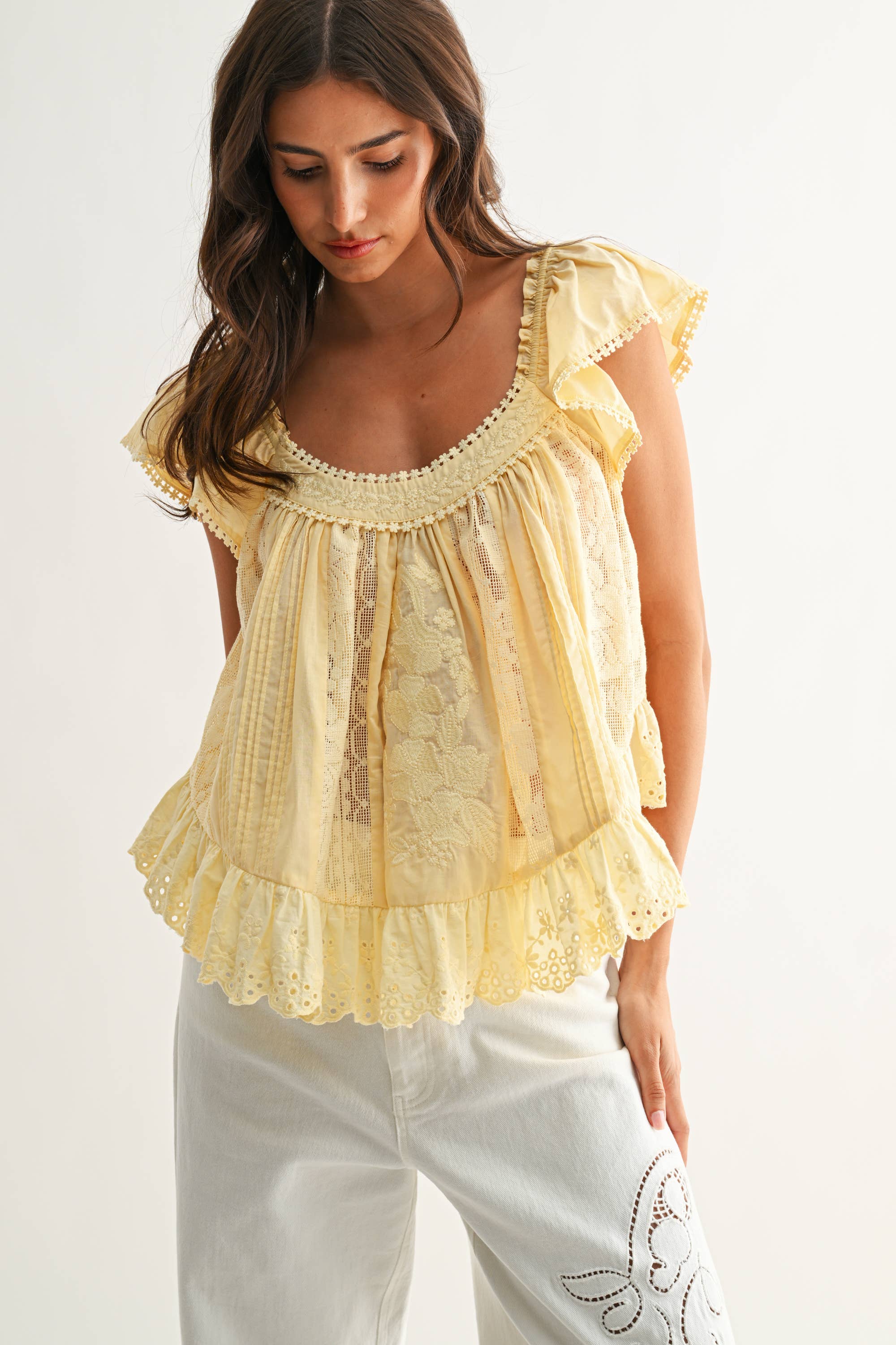 LT YELLOW CET26937 Sleeveless Lace Blouse with Embroidered for wholesale on Faire0