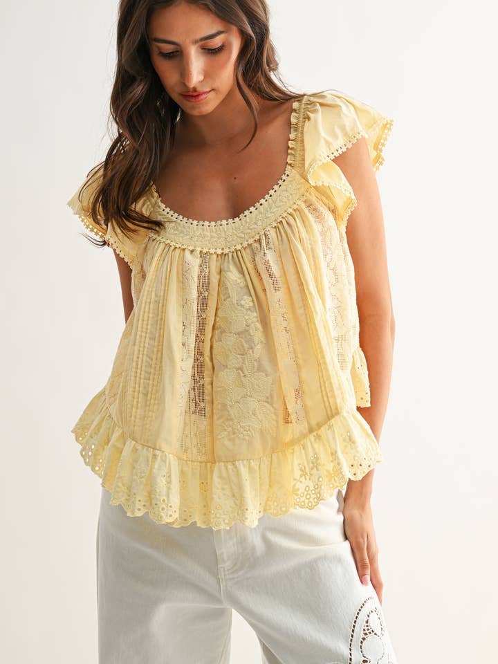 LT YELLOW CET26937 Sleeveless Lace Blouse with Embroidered for wholesale on Faire