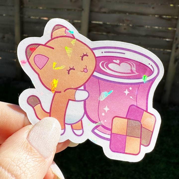 Rose Tea & Cookies Kitty Vinyl Sticker - Holographic Pattern for wholesale by AnnaMaria Perez