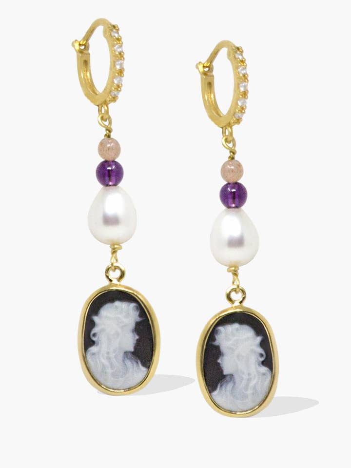 Pendientes camafeo negro chapado en oro de 18 quilates para venta al por mayor de Vintouch Jewels