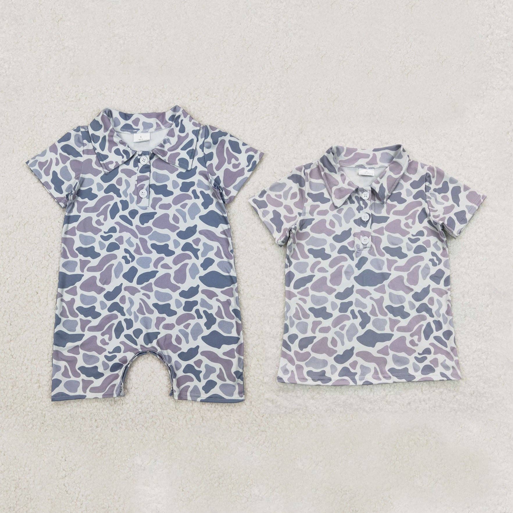 Aier Wholesale - Wholesale Tank Top - Kids - Sibling Baby Boys Short Sleeves Gray Camo Button Polo Shirts Top Rompers2