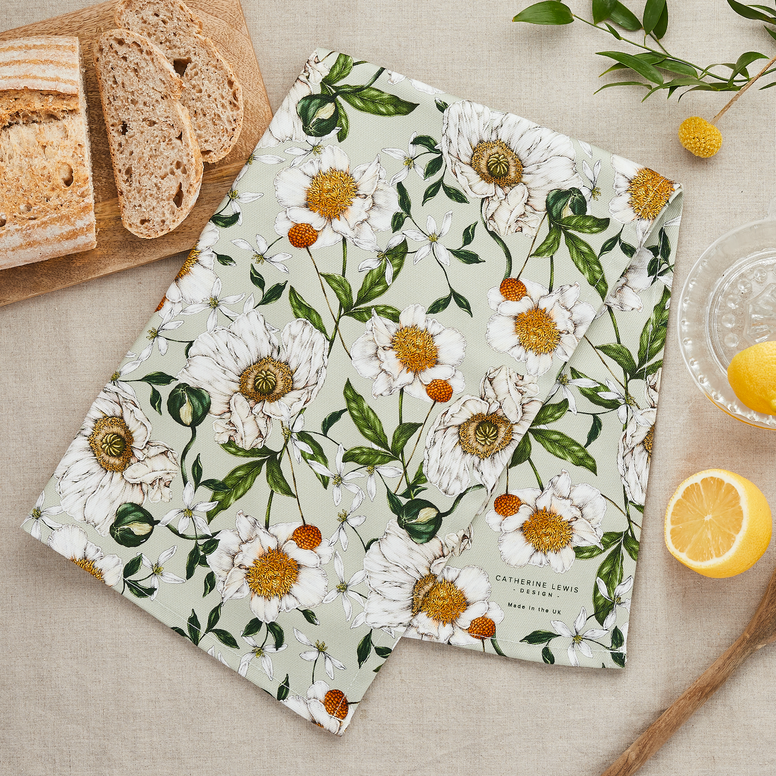 Catherine Lewis Design - Wholesale Tea Towel - Spring Blossom - Tea Towel - Light Green3