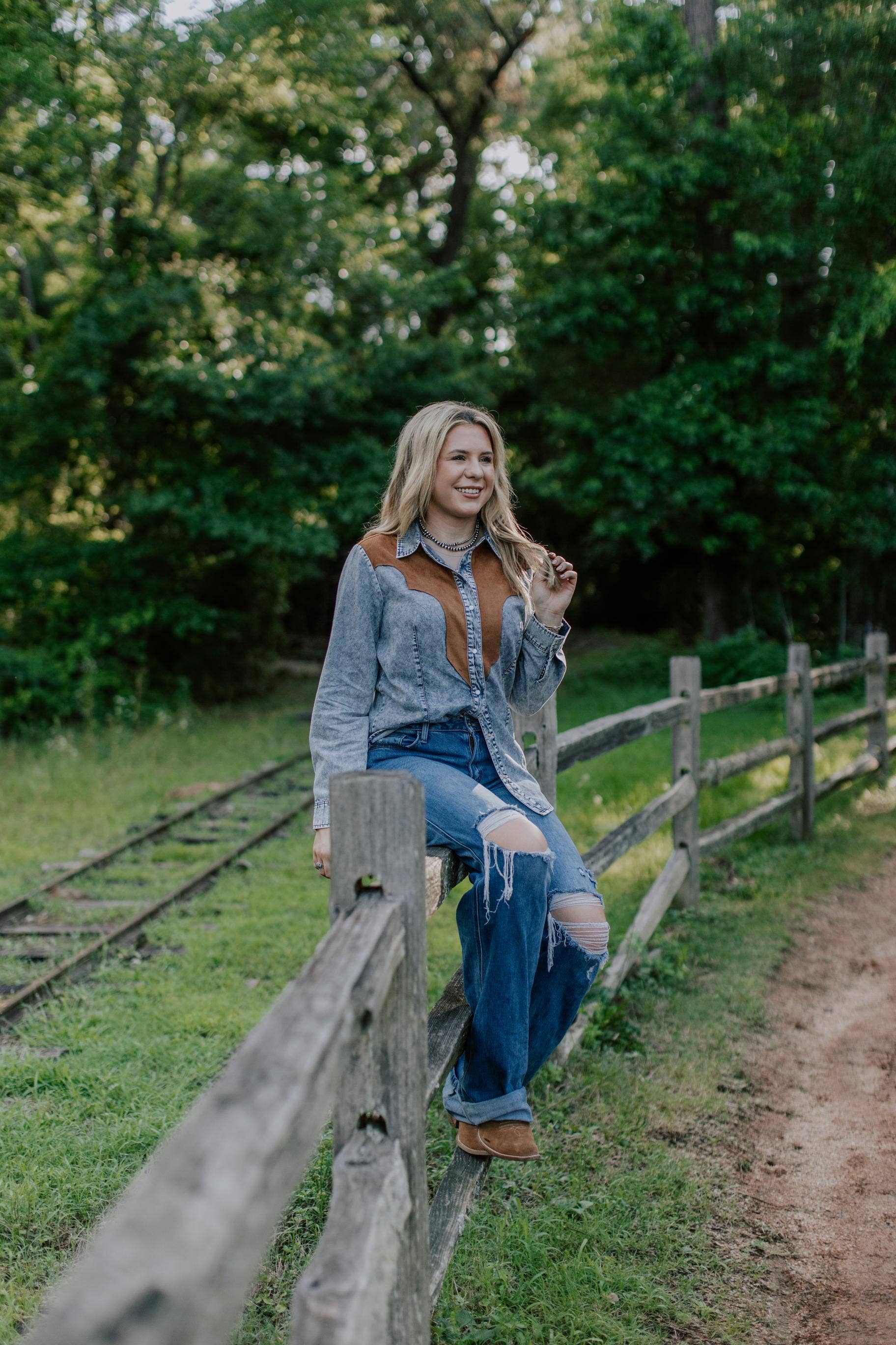 MK778 Denim Pearl Snap Button Up Shirt for wholesale on Faire1