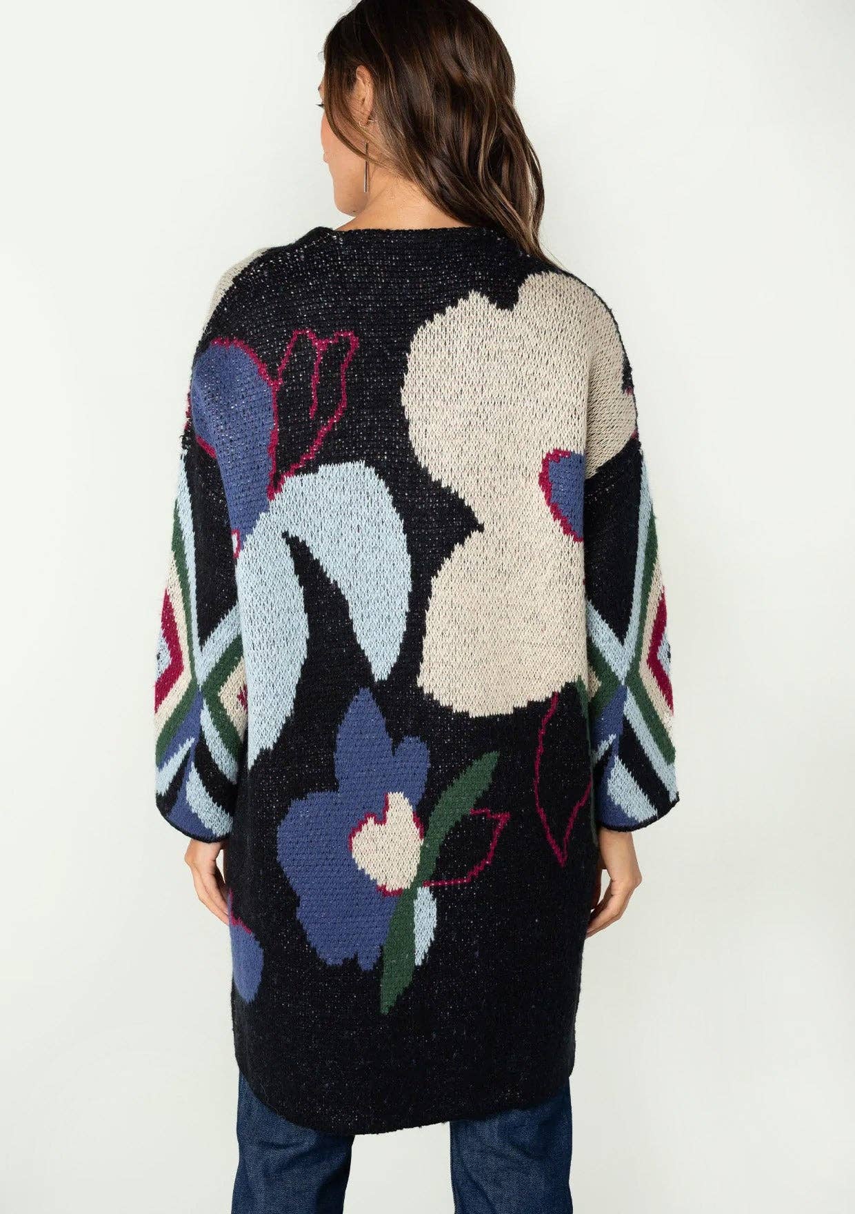 Marine/Multi Cardigan à devant ouvert en jacquard floral géant en vente sur Faire1