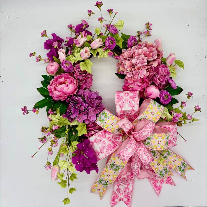 24" PINK/PURPLE FLORAL WREATH WITH BOW for wholesale by LUX FRAGRANCES