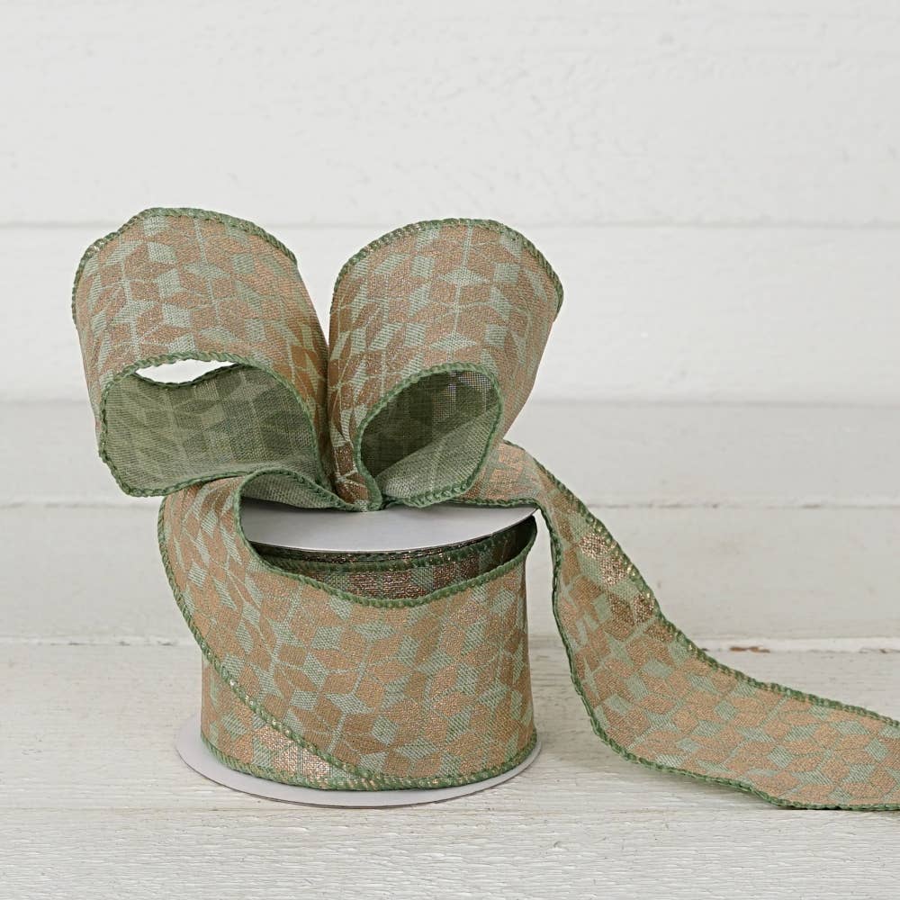 Holiday Depot Inc. - Wholesale Ribbon - Gift Wrapping - R32933-Wired Ribbon-Teal green w. Golden Hexagon (2.5inW)3