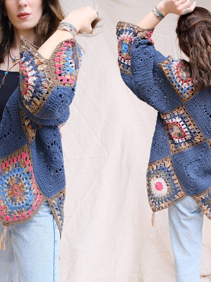 Cárdigan azul marino de patchwork, bohemio, blusas de ganchillo para mujer, chaqueta de punto de temporada, regalo para ella, estilo hippie, jersey de rayas para venta al por mayor de miglo
