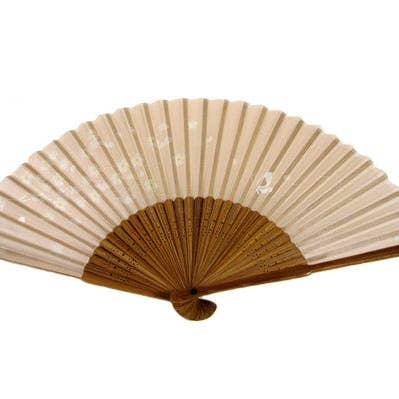 Beige Silk Fan w/Delicate Silver Flowers & Brown Bamboo for wholesale by World Treasure Trading
