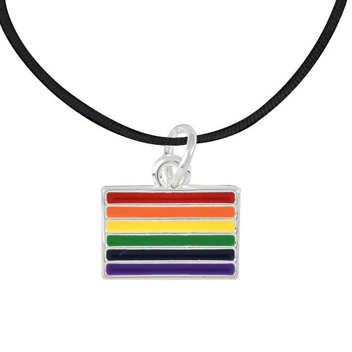 The Awareness Company - Wholesale Pendant/Charm Necklace - Rainbow Rectangle Flag Black Cord Necklaces