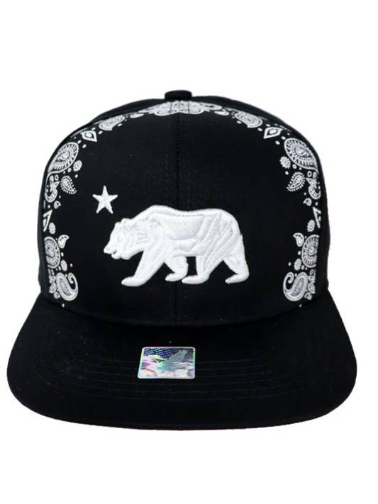 Cali Bear Bandana Cotton Snapback Flat Brim Cap for wholesale by Cap Zone