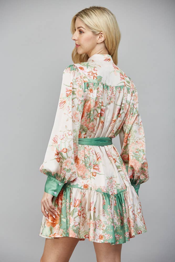 TAN SAGE MULTI HIGH NECK SELF TIE WAIST BUTTON DOWN DRESS FD30385 for wholesale on Faire4