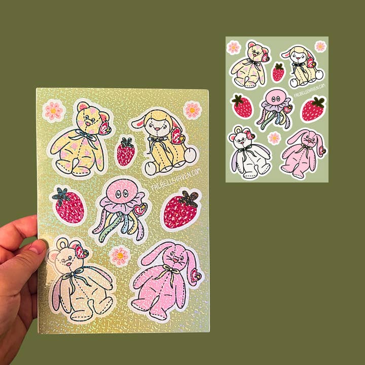 90's Plushie & Strawberry Large Glitter Sticker Sheet | Nostalgic Y2K Retro Toy Bunny Lamb Angel Bear Floral Jellyfish for wholesale by Faebelle Haven