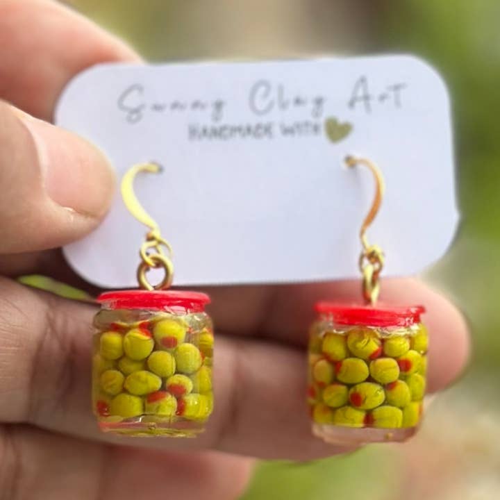 Olive Jar Earrings , Quirky Polymer Clay Statement Jewelry for wholesale by Sunnyclayart