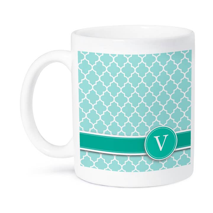 3dRose - Wholesale Coffee Mug - 3dRose, Personalized letter V aqua blue quatrefoil pattern Teal turquoise mint monogrammed personal initial, Mug7
