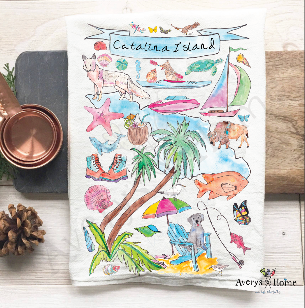 Avery's Home - Wholesale Tea Towel - Custom Catalina Island, CA Location Design Tea Towel0