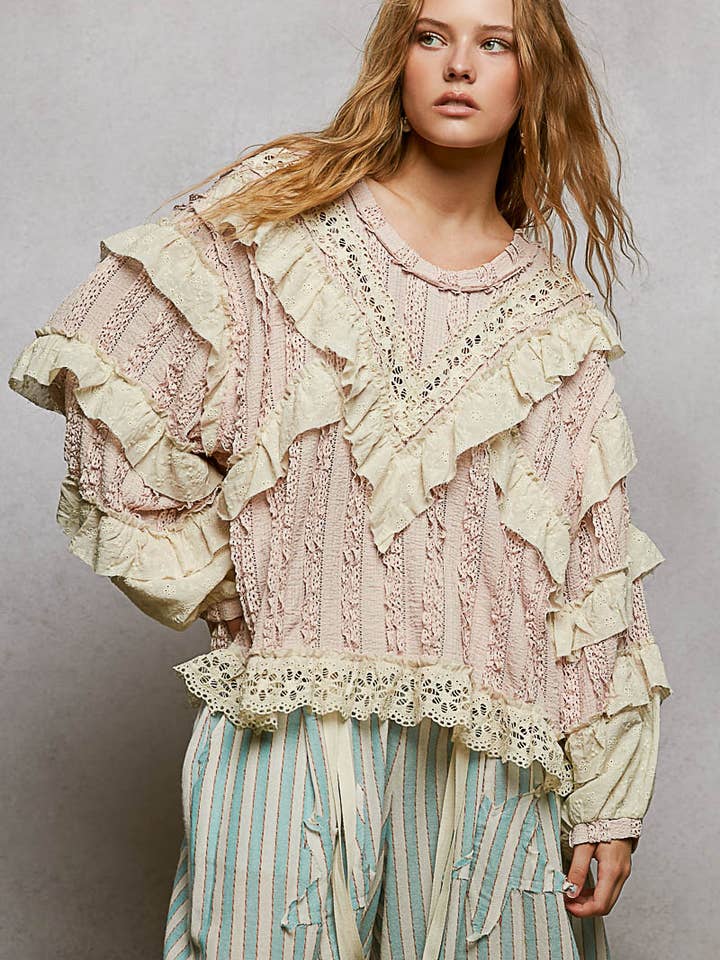 Eyelet Ruffle Raw Edge Trim Lace Solid Knit Top for wholesale by Pol Clothing